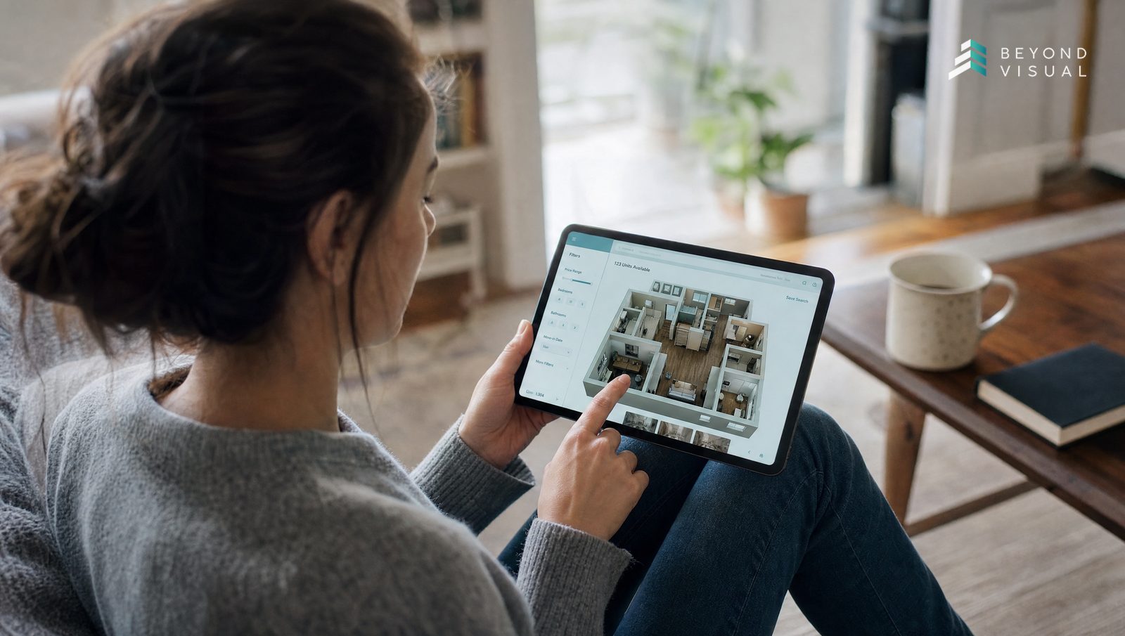 A laptop showing an interactive 3D apartment finder for a residential development with turquoise UI