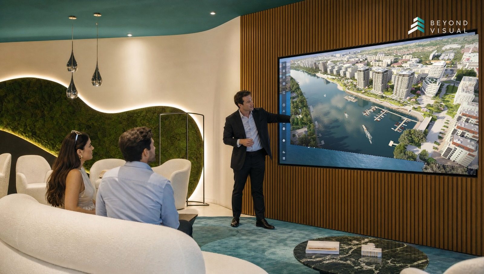 A large premium waterfront residential development shown as an interactive 3D architectural model with a turquoise overlay