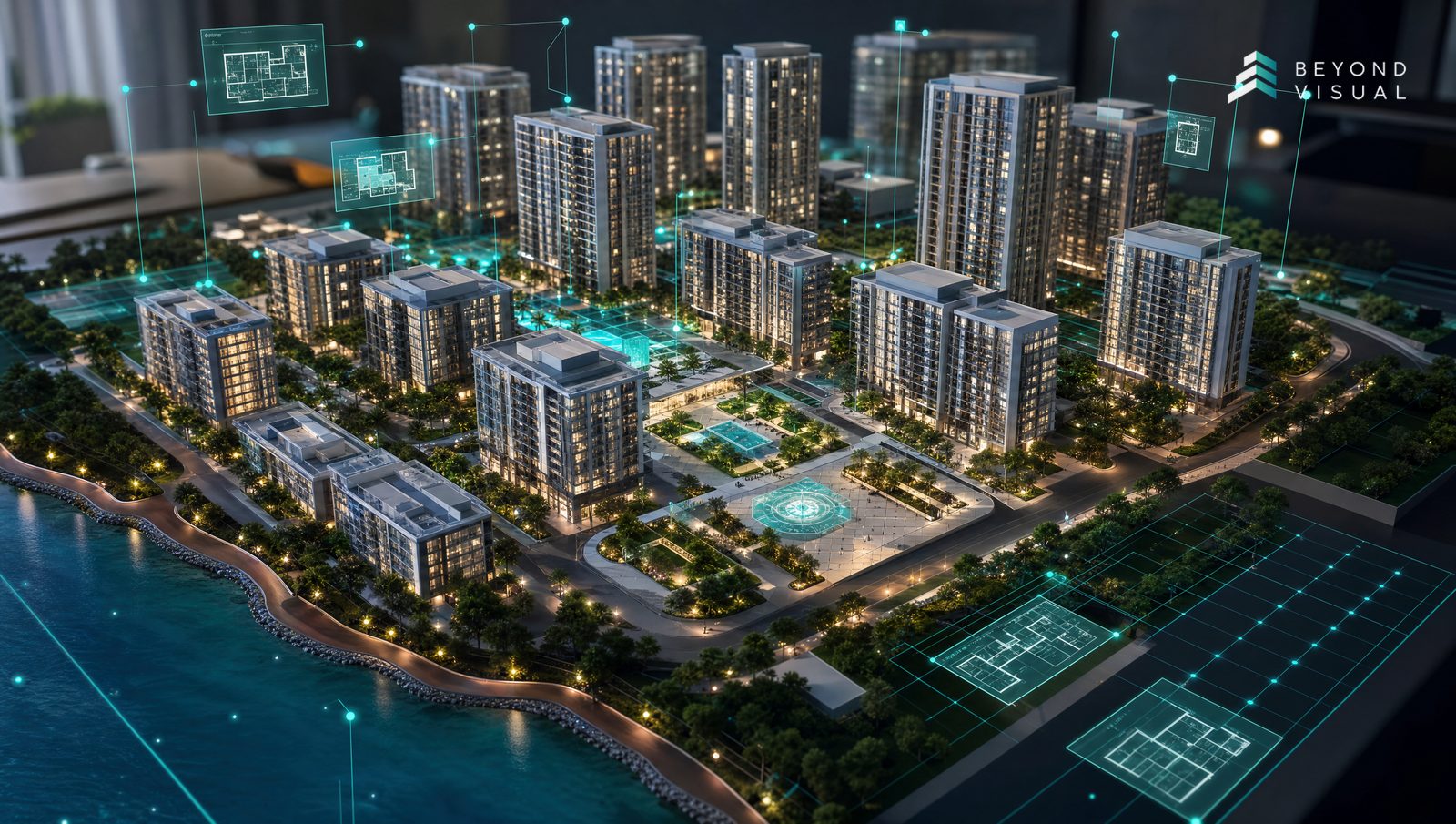 A large premium residential development shown as an interactive 3D architectural model with a turquoise digital overlay