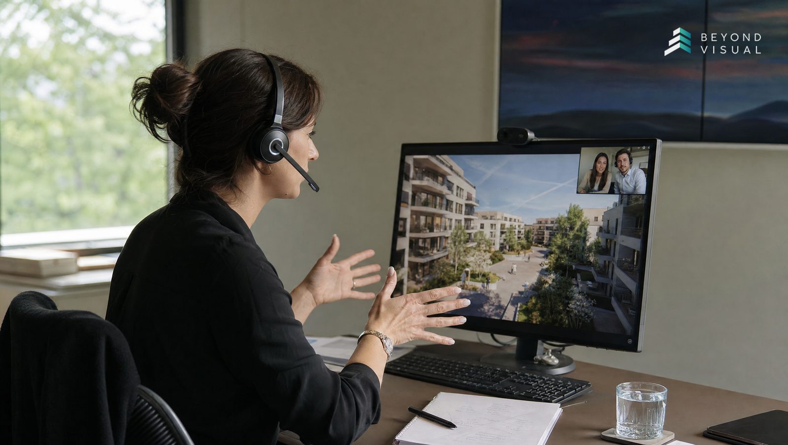 A laptop on a video call presenting a live interactive 3D property walkthrough to a remote buyer