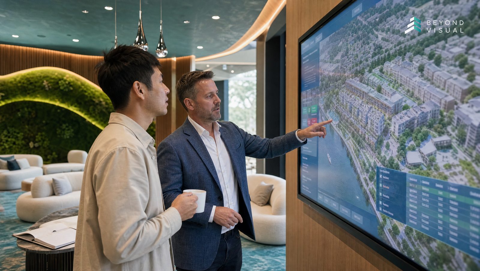 A 3D residential development model overlaid with turquoise analytics and unit-status highlights